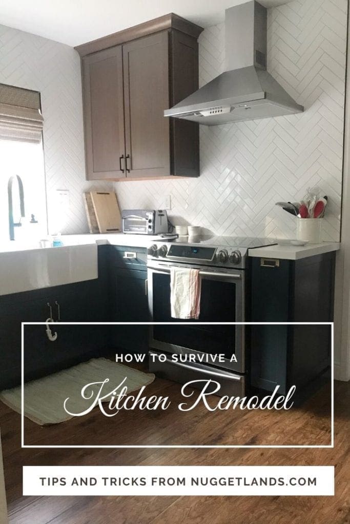 Before and After Kitchen Renovation with ideas and costs. See our farmhouse sink, herringbone backsplash with white subway tile and our DIY open shelving without changing our layout. Two-tone cabinets in woodgrain and blue. Including tips to get the most out of your budget. #kitcheremodel 