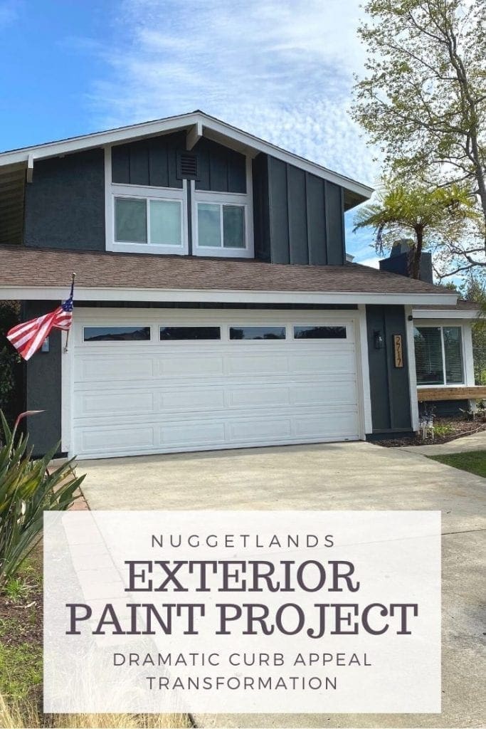 Dark gray house color with white trim and wood accents. Board and baton siding with stucco and an orange front door. See the before and after house painting transformation.